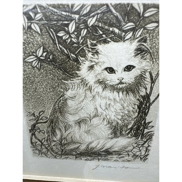 Cat Among Branches Small Print Vintage Signed Yachiyo Naito Gold Frame Wall Mini - Picture 6 of 7